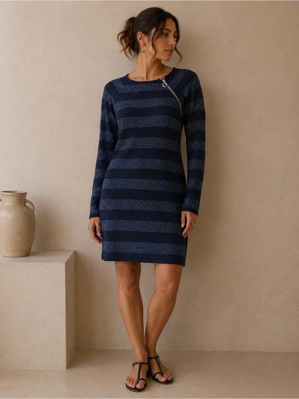 Michael Kors Navy Striped Long-Sleeve Knit Sweater Dress with Zip Detail Size S